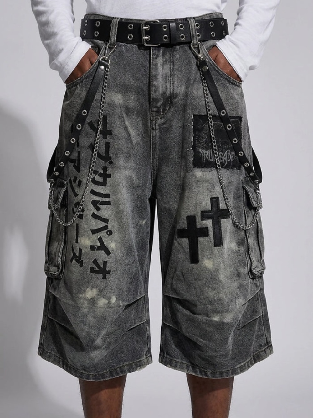 Y2K Washed Black Cross Denim Cargo Jorts Longline Shorts L